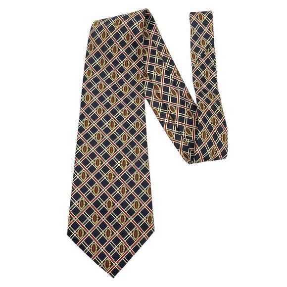 Vintage Rene Chagal 100% Silk Twill Tie Navy Gold Red Preppy Pattern Necktie - Picture 2 of 11